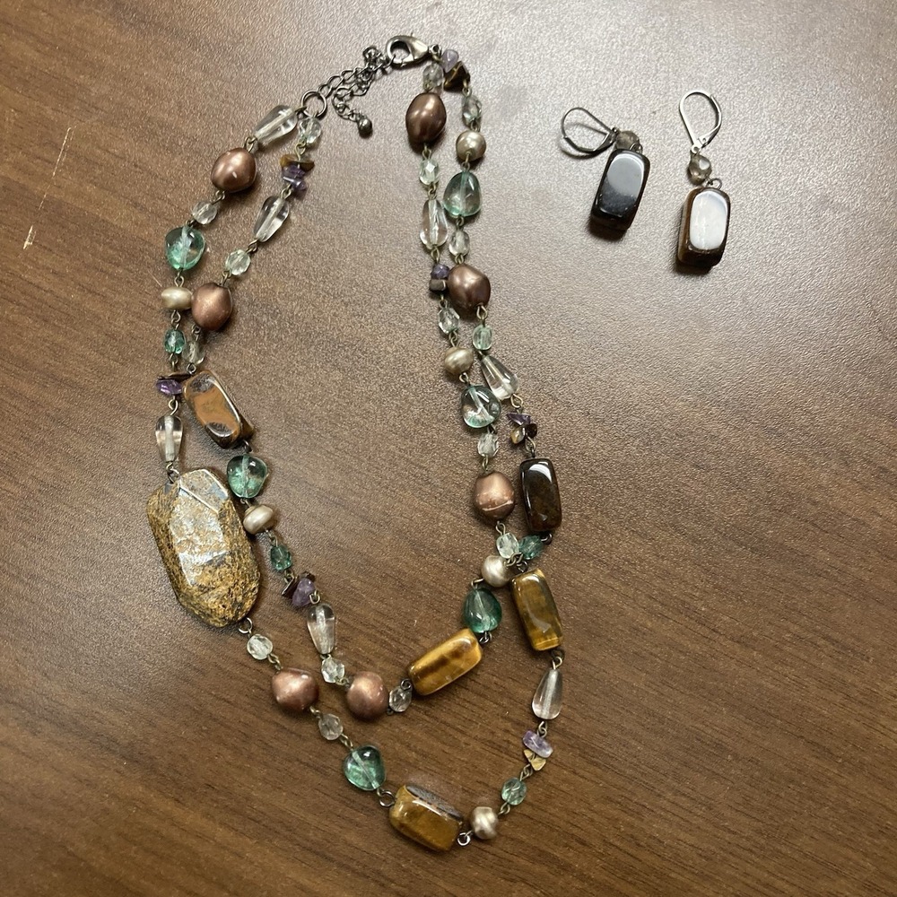Beaded Necklace Tiger Eye Jasper Quartz Amethyst Pearl Artisan Necklace/Earrings